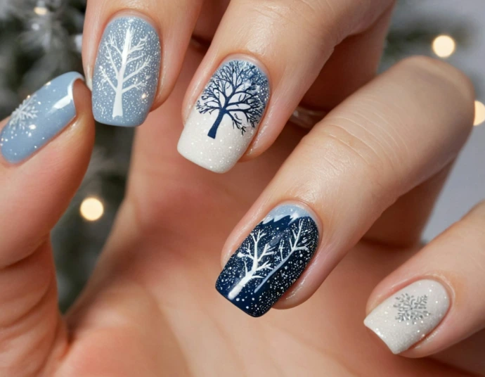 A person with a blue and white manicure with a tree on it Organic Beauty Salon